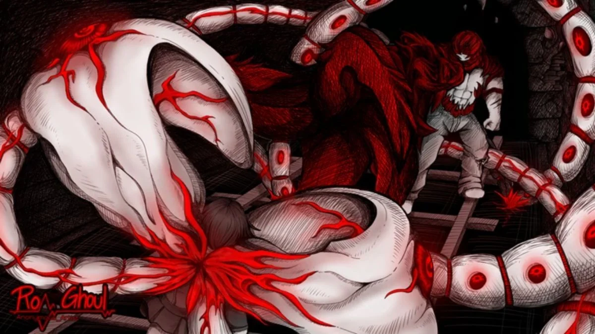 Stylized fan art for Ro Ghoul featuring a powerful red ghoul character with kagune tentacles facing off against an opponent.
