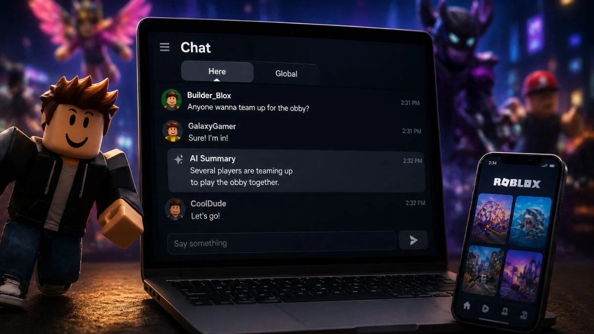 A laptop showing the new Roblox AI Chat Summary feature and a smartphone displaying the Roblox app with the "Here" and "Global" tabs.