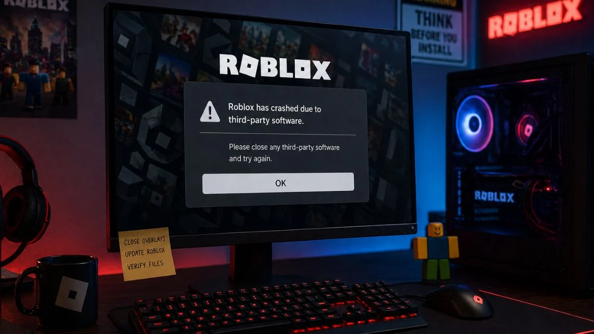 A laptop screen displaying the Roblox "Third-party software interference" crash message alongside a smartphone showing the official Roblox login screen.