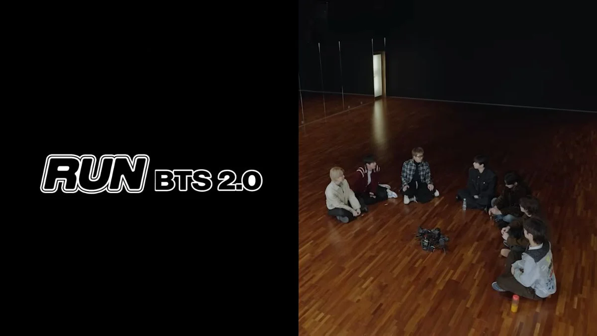 BTS members RM, Jin, Suga, J-Hope, Jimin, V, and Jungkook gathered for a planning meeting in the Run BTS 2.0 teaser.