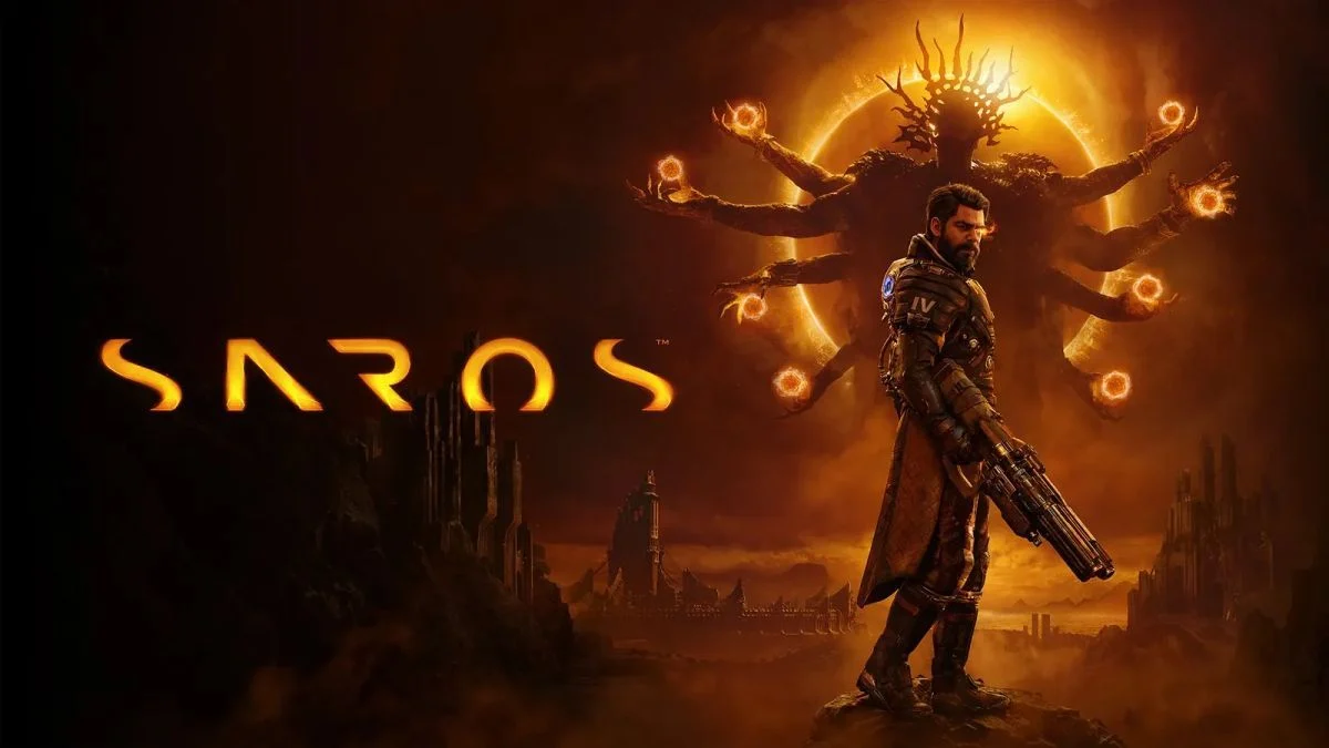 Official key art for Saros on PS5 featuring protagonist Arjun Devraj standing before a giant multi-armed celestial figure.