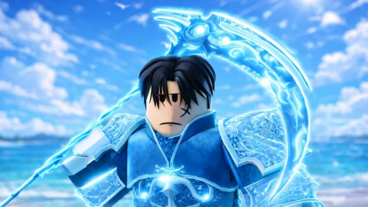A Roblox character in Slime Seas wielding a glowing blue scythe and wearing crystalline armor.