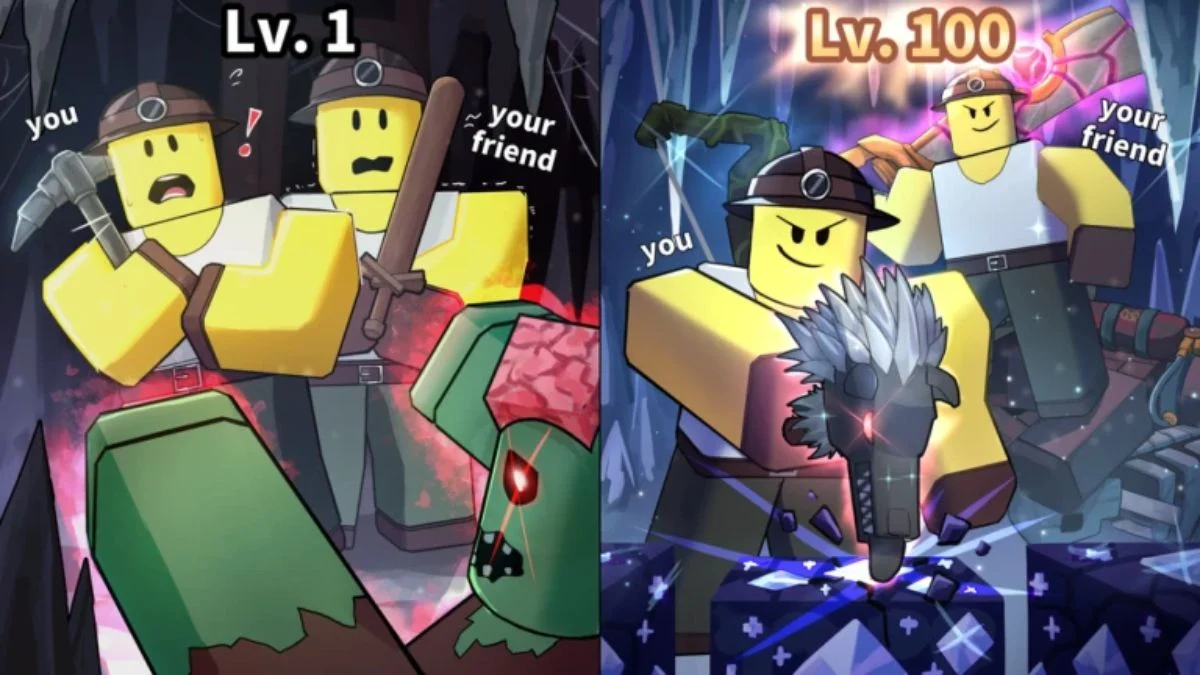 Comparison art of a Level 1 player struggling against monsters versus a Level 100 player easily mining in Roblox Subterra.