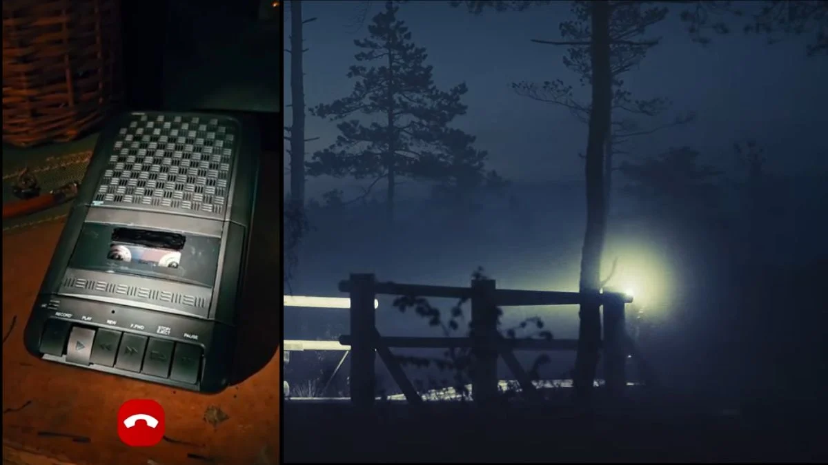 A tape recorder playing the secret cassette found in Adam's motel room next to a foggy forest at night.