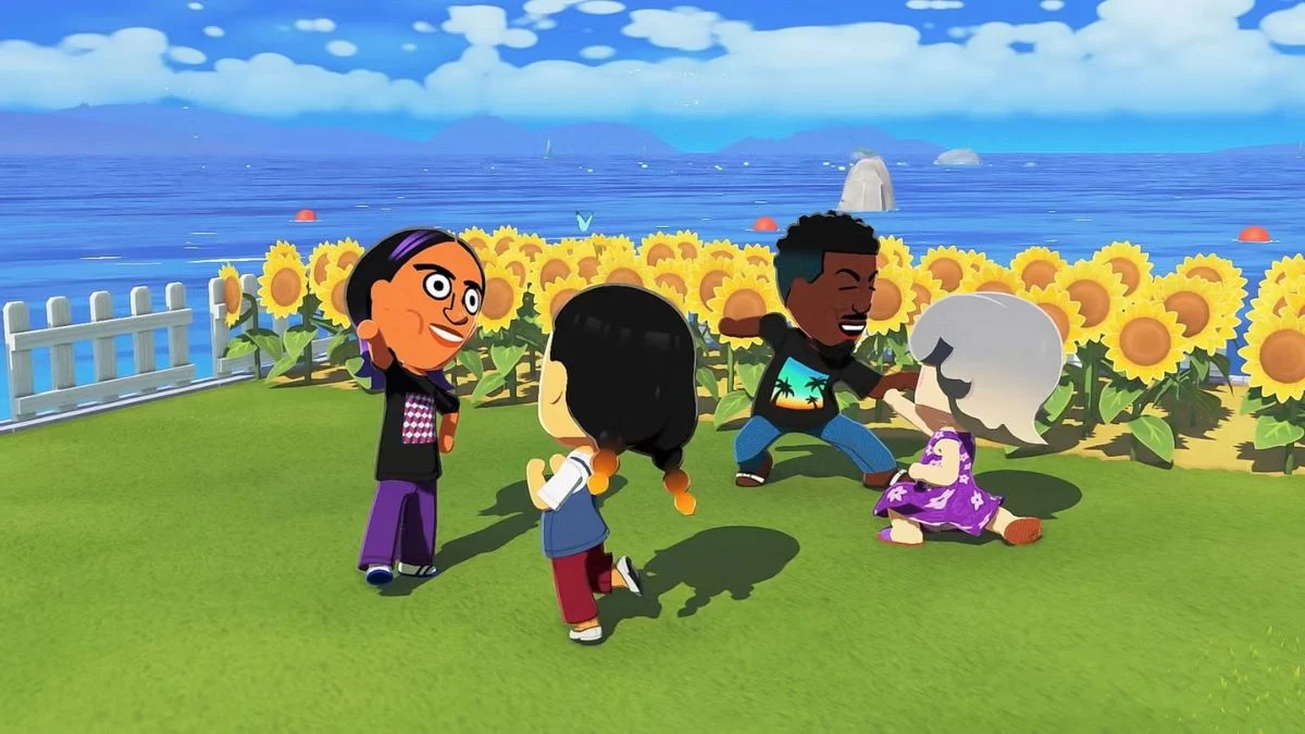 Four Miis interacting in a vibrant sunflower field by the ocean in Tomodachi Life: Living the Dream.