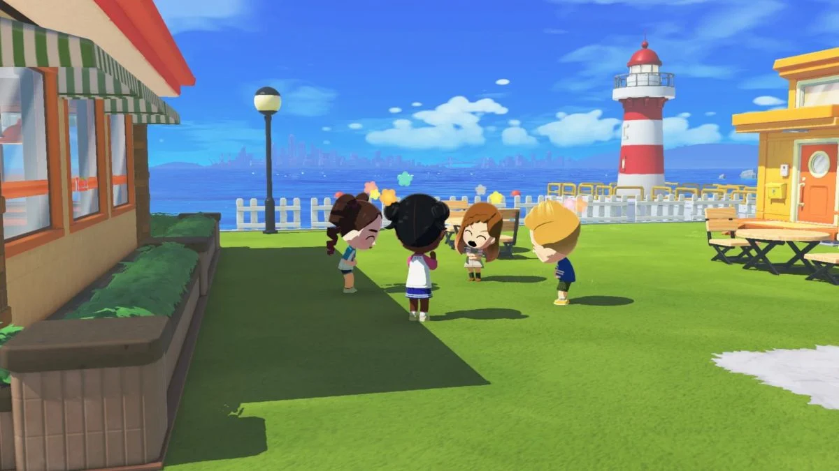 Four Mii characters standing on a grassy island near a lighthouse, with two Miis looking sad or upset during a breakup event.