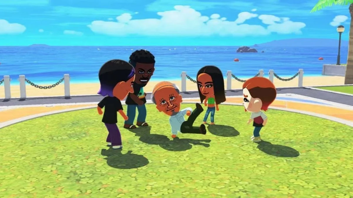 Five Mii characters with different personalities interacting and dancing on a grassy area by the beach in Tomodachi Life.