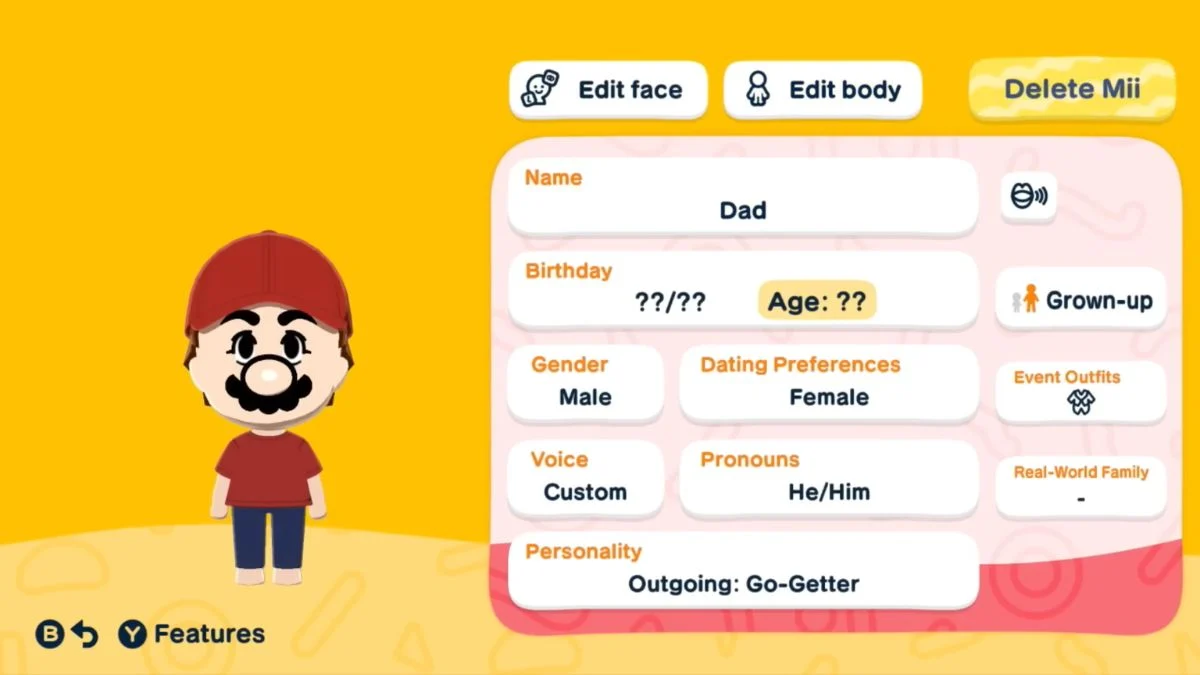 The Mii editing interface in Tomodachi Life: Living the Dream showing a Mario-themed Mii named Dad.