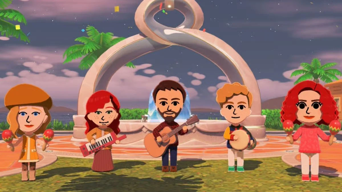Five Miis performing together with instruments including a guitar, keyboard, and maracas in Tomodachi Life: Living the Dream.