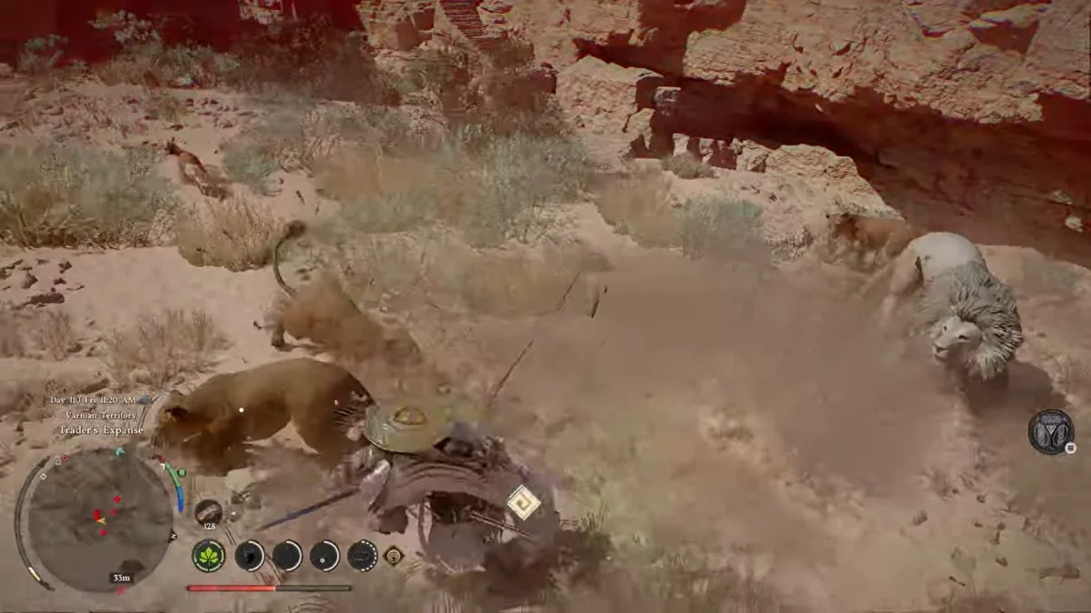 A player character using the Force Palm skill to push the Legendary White Lion off a cliff for an instant kill.