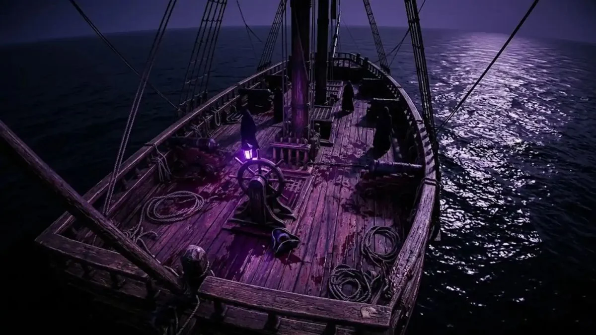 A cinematic view of a pirate ship deck at night in Windrose with the UI hidden.