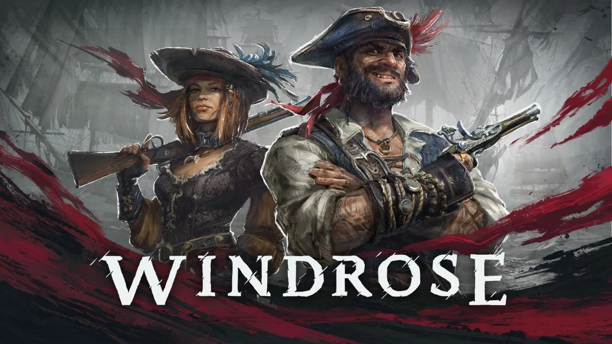 Promotional artwork for the pirate survival RPG Windrose featuring a male and female pirate standing before a fleet of ships.