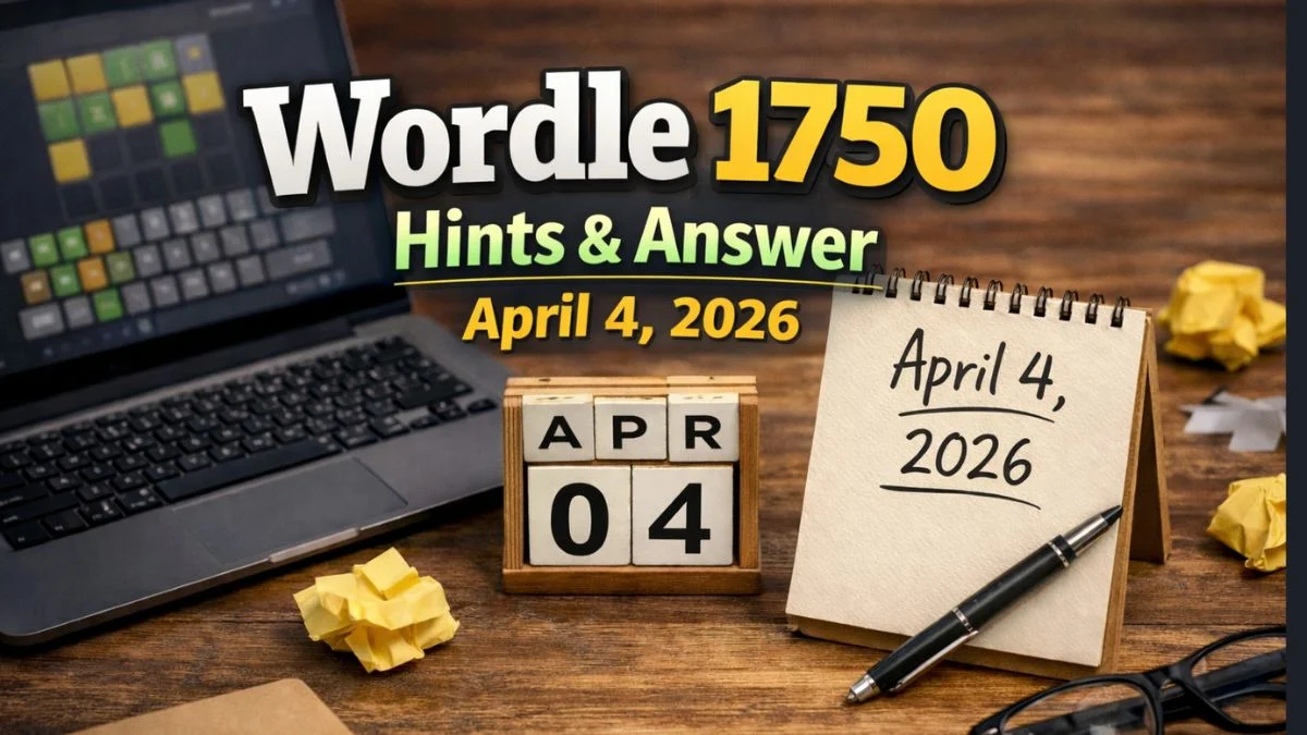 A featured image for Wordle 1750 dated April 4, 2026, showing a laptop with a Wordle grid, a calendar, and a notepad.