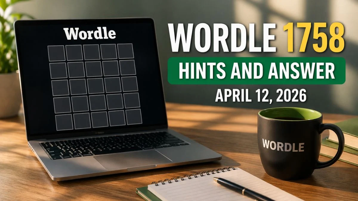 Wordle 1758 puzzle grid for April 12 2026 showing green and yellow tiles for the answer