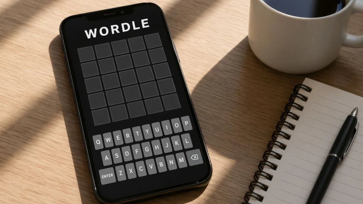 A smartphone displaying the Wordle 1761 puzzle with green and yellow letter tiles on a white background.
