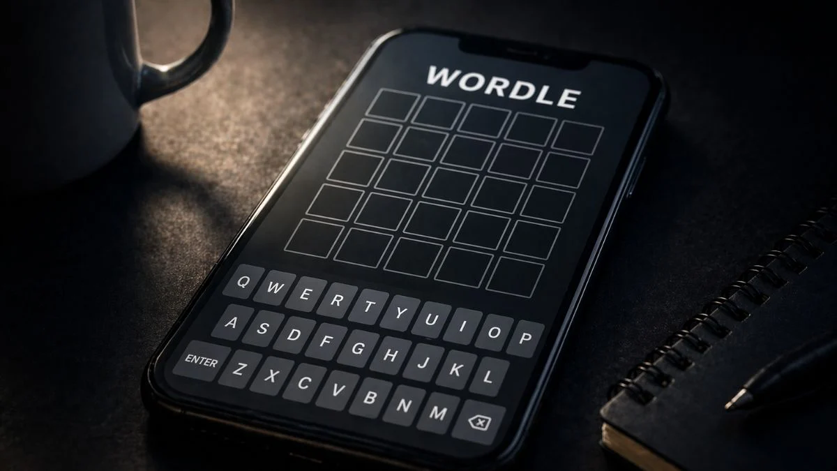 A smartphone displaying the Wordle game interface on a dark desk next to a notebook and coffee mug.