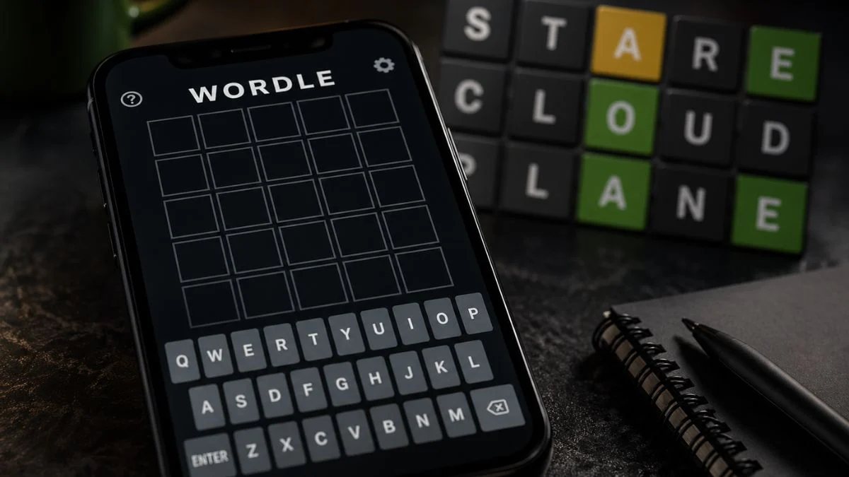 A smartphone displaying the Wordle game grid next to physical letter tiles showing starting words like STARE and CLOUD.