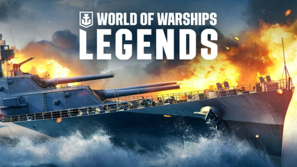 A massive World of Warships Legends battleship firing its main battery cannons amidst explosions and smoke on the open sea.