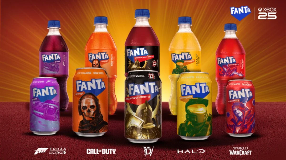 A collection of special-edition Fanta cans featuring Xbox characters from Halo, Sea of Thieves, and Forza Horizon for the 25th-anniversary collaboration.