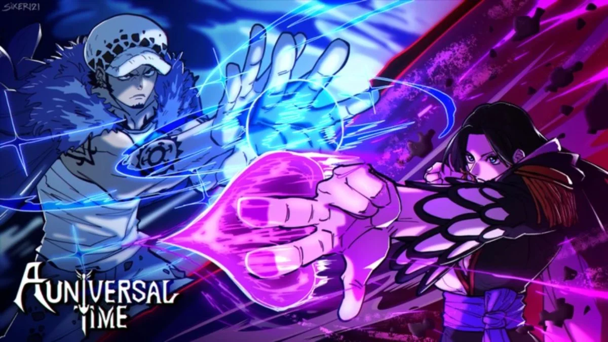 A Universal Time (AUT) anime combat art featuring characters using blue and purple energy abilities.