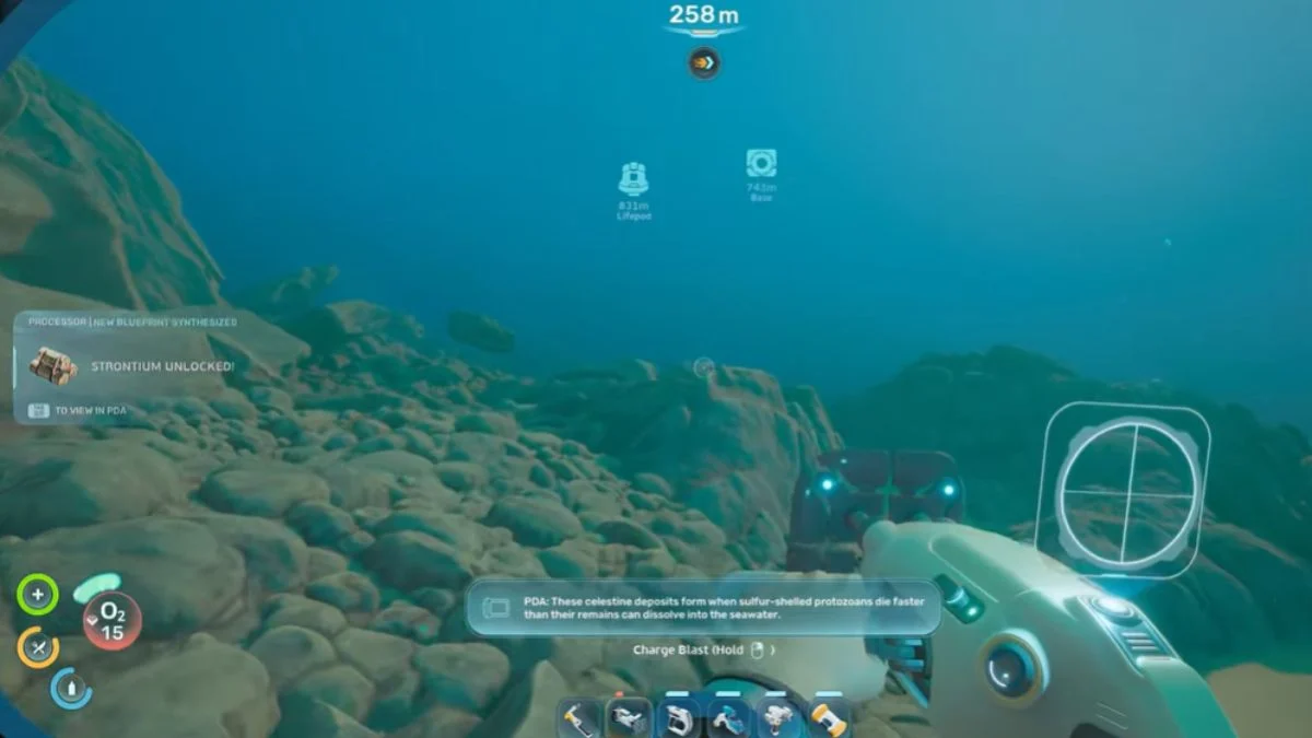 A first-person view of a player harvesting a celestine deposit at 258 meters depth in Subnautica 2, unlocking Strontium.