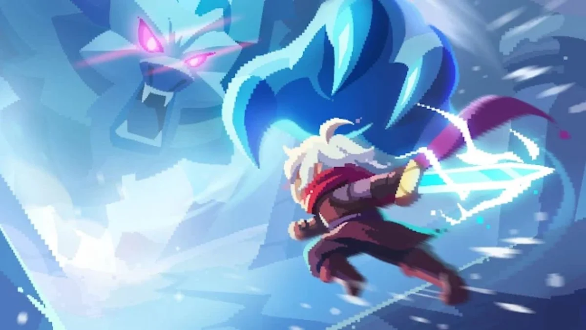 Dicero gameplay art featuring a white-haired hero with a glowing sword facing a giant blue ice wolf.