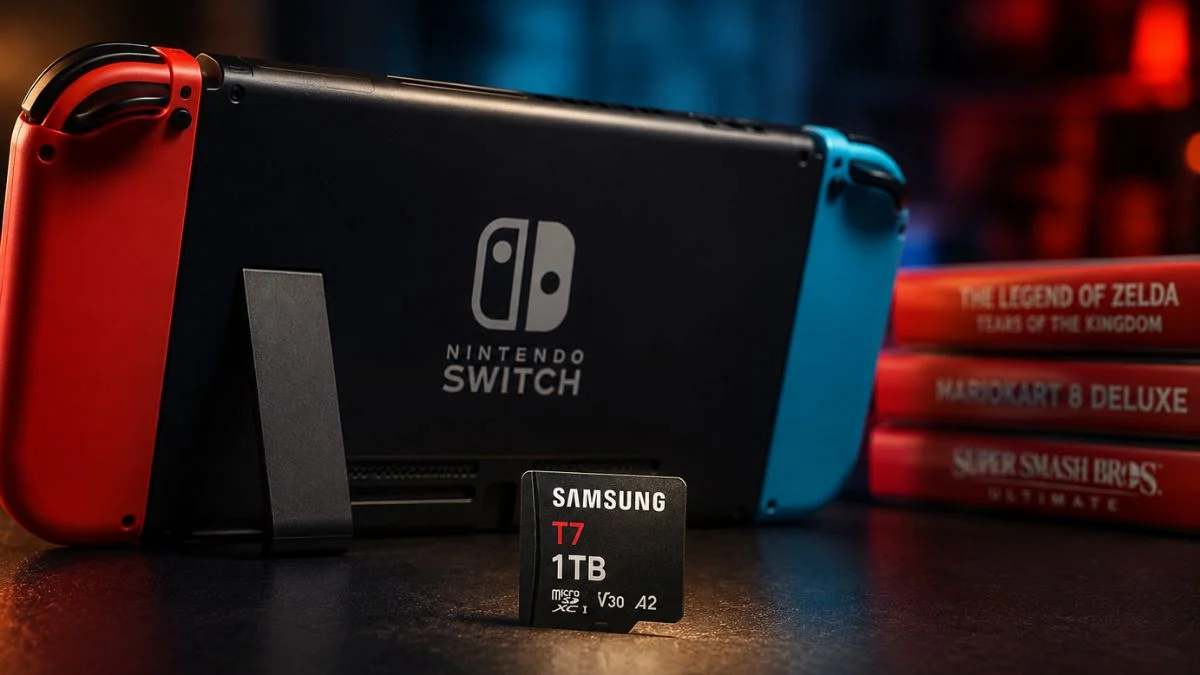 A black Nintendo Switch console showing its back kickstand next to a Samsung T7 1TB microSD card and a stack of Switch game cases.