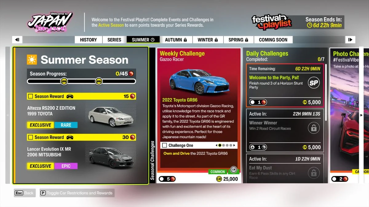 The Forza Horizon 6 Series 1 Summer Season menu screen showcasing the Gazoo Racer Weekly Challenge and reward cars.