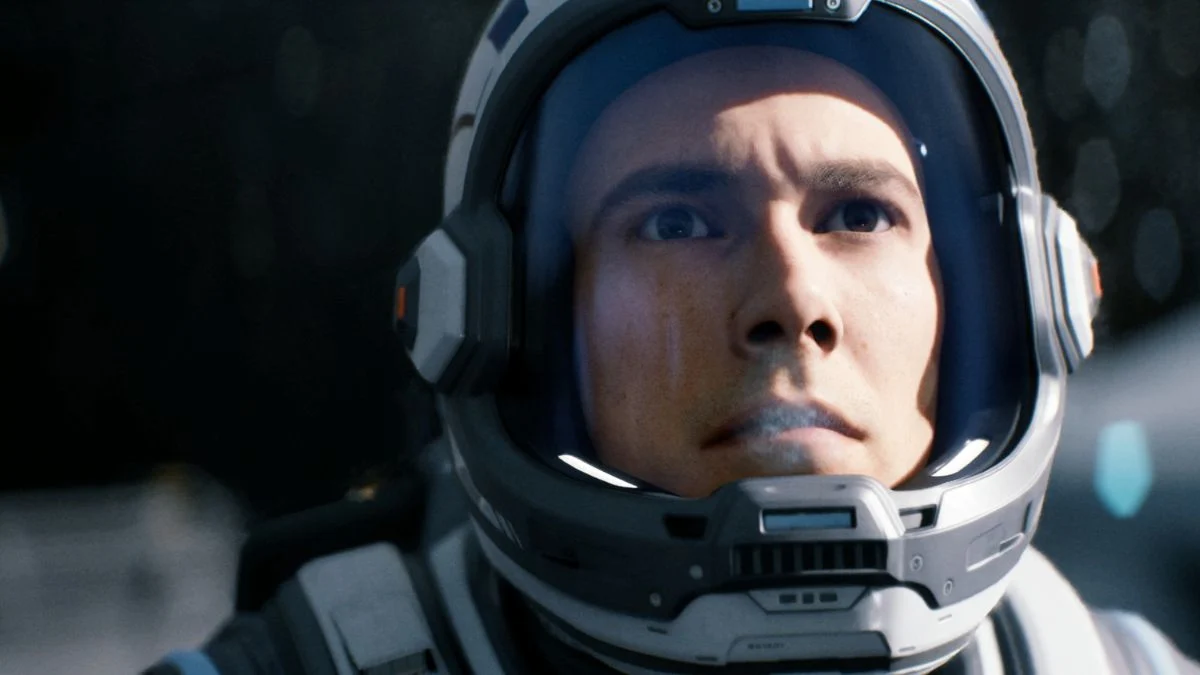 A close-up of a terrified astronaut in a high-tech space helmet from the horror game Directive 8020.