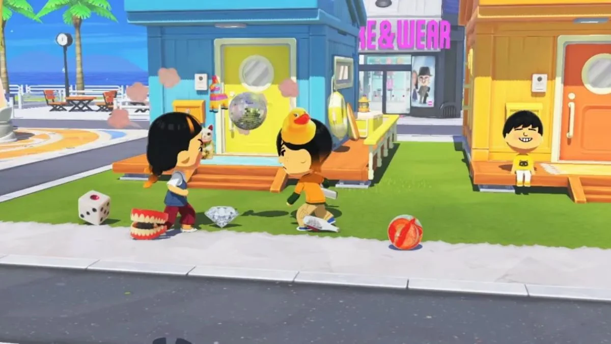 Multiple Mii characters interacting outside colorful houses in Tomodachi Life: Living the Dream on Nintendo Switch 2.