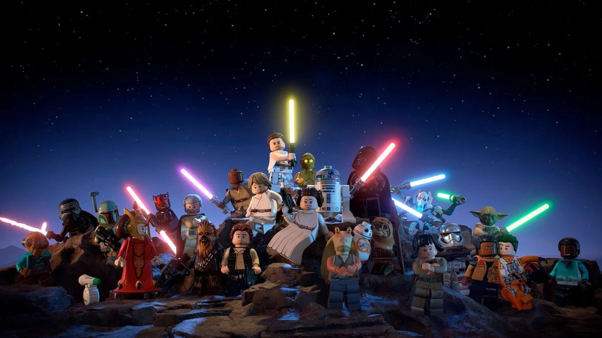 A large group of LEGO Star Wars characters including Darth Vader, Rey, and Luke Skywalker holding lightsabers.