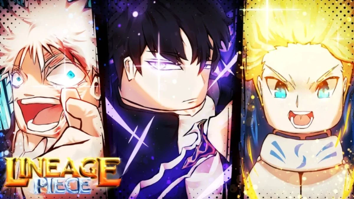Lineage Piece Roblox promotional banner featuring three anime-style characters with vibrant energy effects.