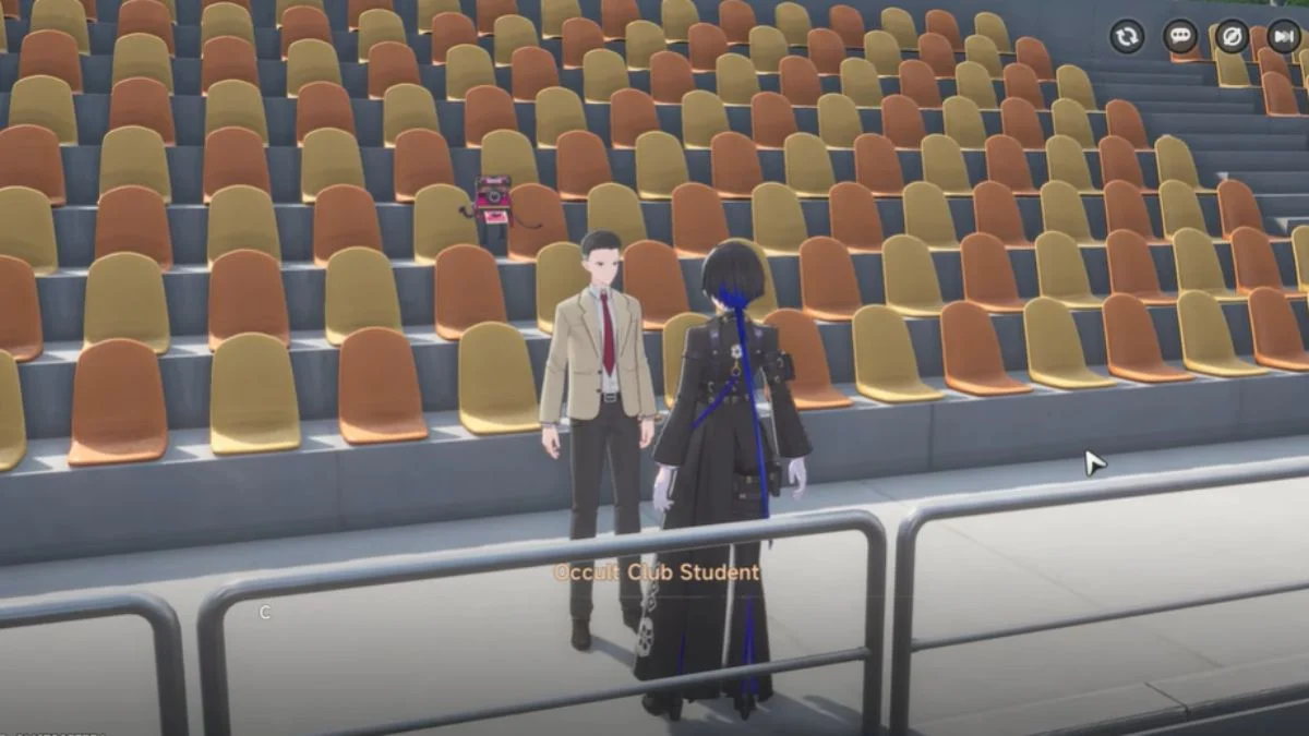 Player character talking to the Occult Club Student at the basketball court bleachers in Neverness To Everness.