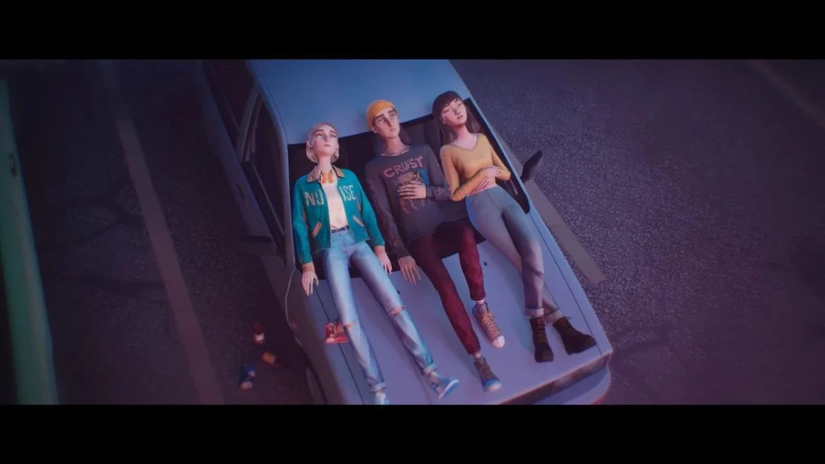 Three teenage friends in the game Mixtape—a girl in a teal jacket, a boy in a "CRUST" sweatshirt, and a girl in a yellow sweater—lying side-by-side on the hood of a car looking up at the sky.