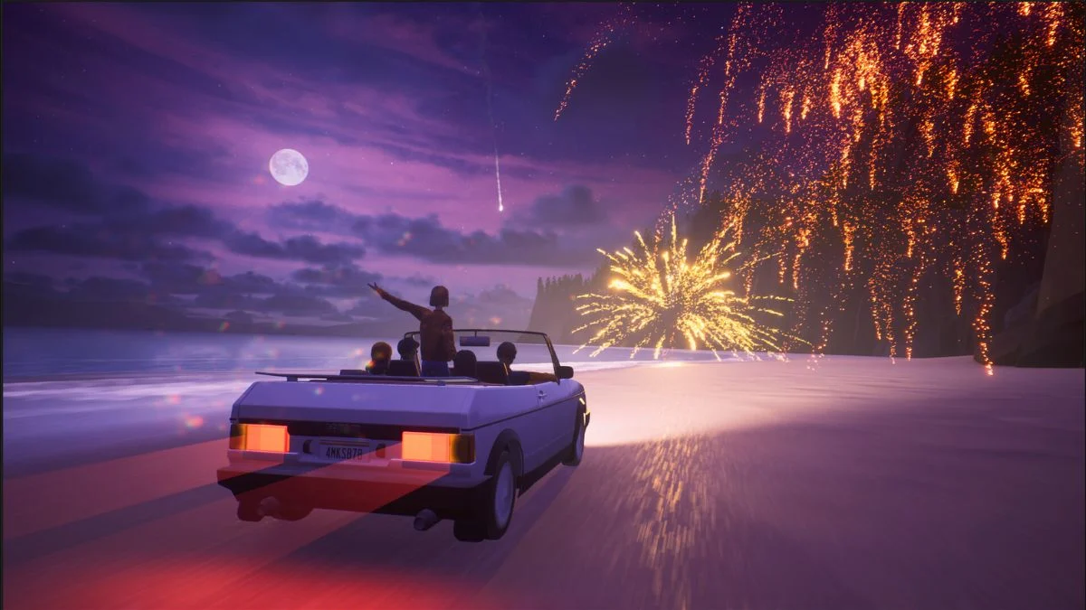 A white convertible car driving along a coastal road at night with pink and purple fireworks exploding in the sky.