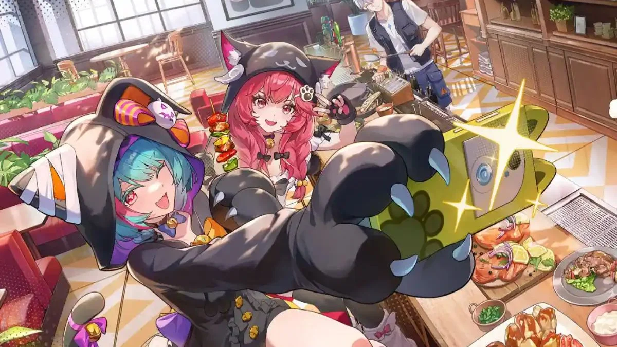 Anime-style characters in cat-themed outfits at a cafe in Neverness to Everness.