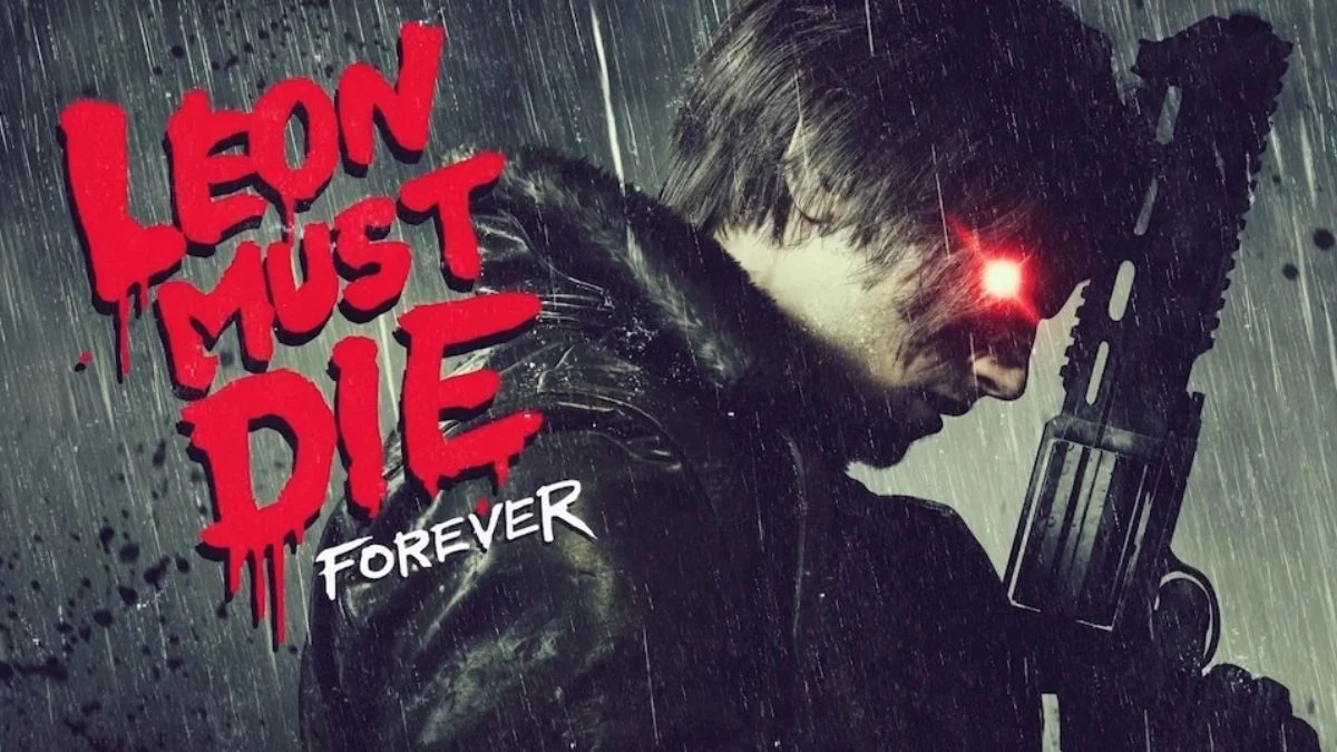 Promotional artwork for Resident Evil Requiem: Leon Must Die Forever featuring Leon S. Kennedy with a glowing red eye in the rain.