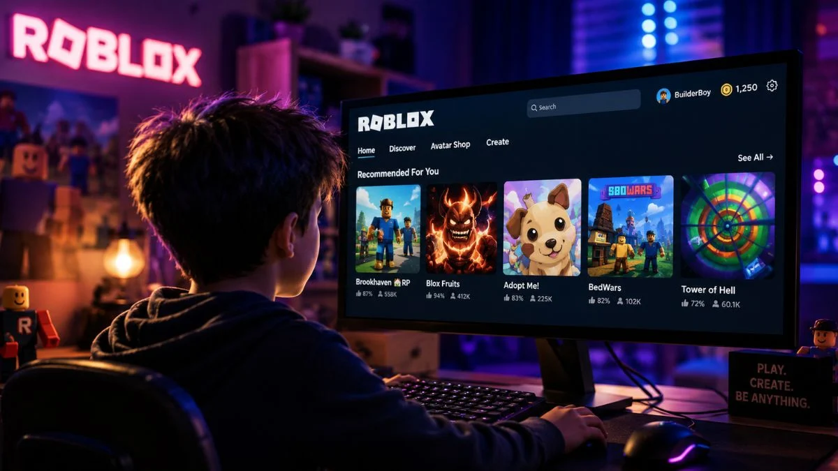 A young boy sitting at a desk looking at a computer screen showing the Roblox home page and recommended games interface.