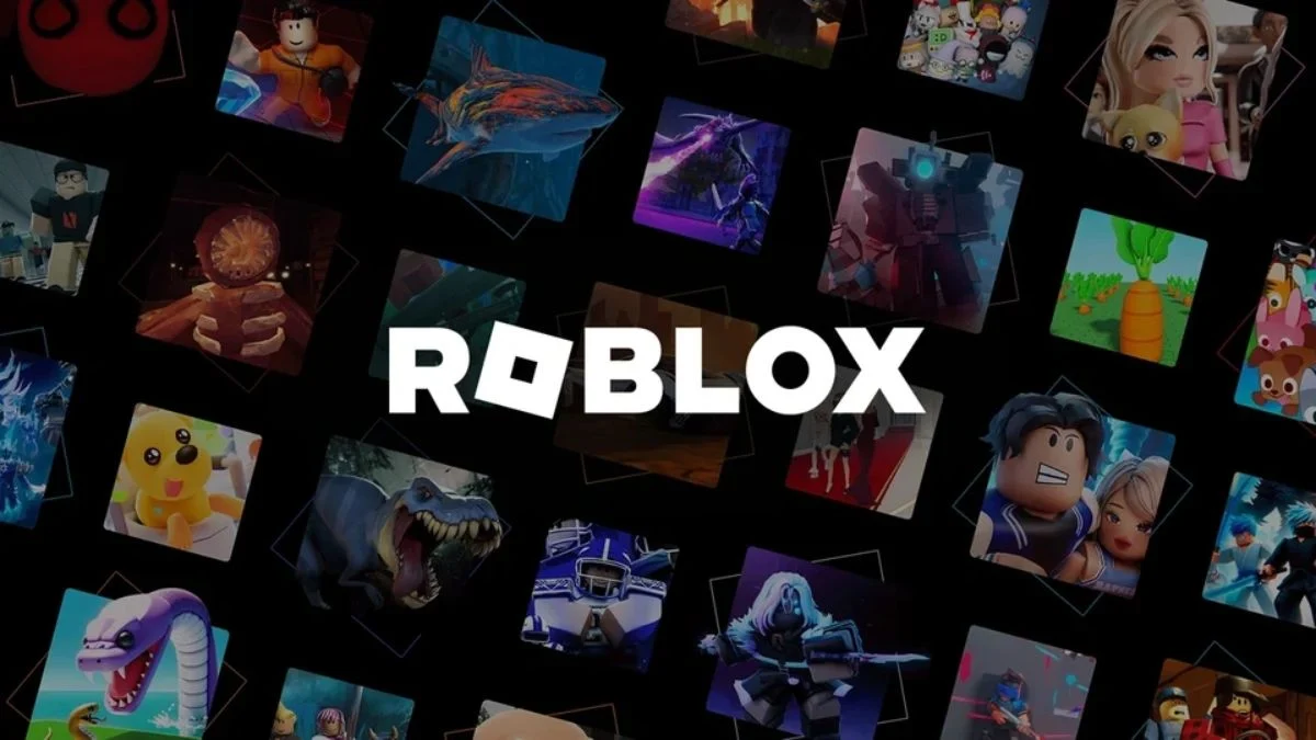 The official Roblox logo centered over a dark background filled with various game tiles and user-generated experiences.
