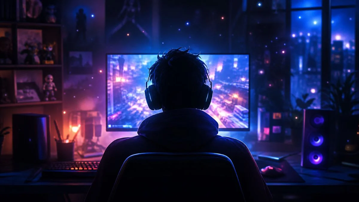 A gamer with headphones sitting in front of a glowing monitor in a dark room, representing a Roblox player considering the Roblox Plus subscription.