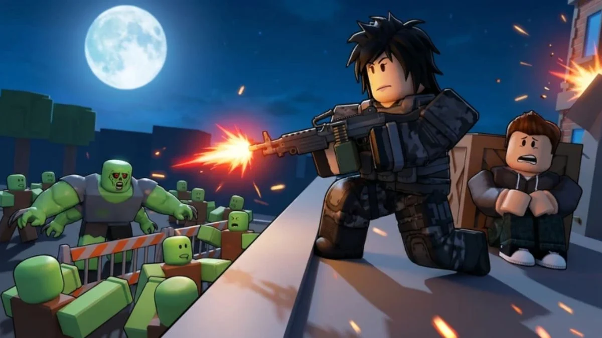 Roblox characters defending a rooftop against a green zombie horde in Survive Zombie Arena