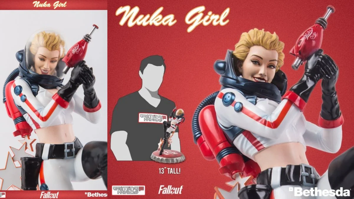 Close-up of the 13-inch Fallout Nuka Girl statue by Gaming Heads showing the character holding a Thirst Zapper against a red background.