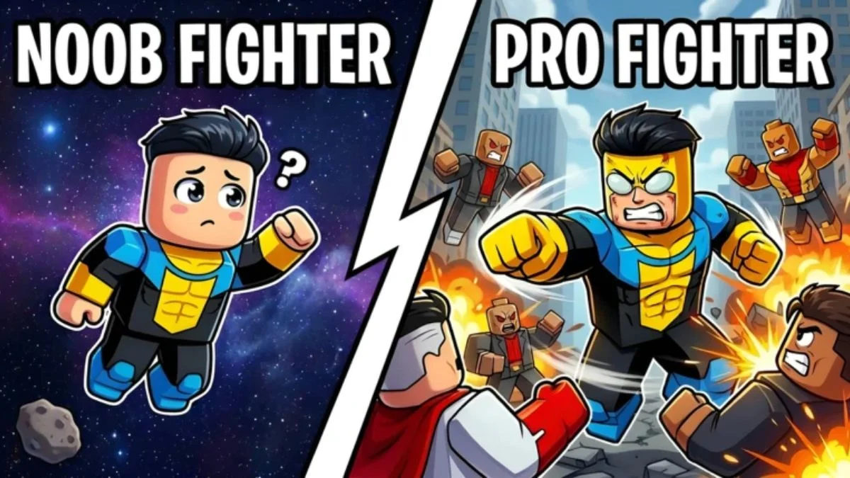 A Roblox-style character comparison between a "Noob Fighter" in space and an "Invincible" themed "Pro Fighter" battling enemies in a city.