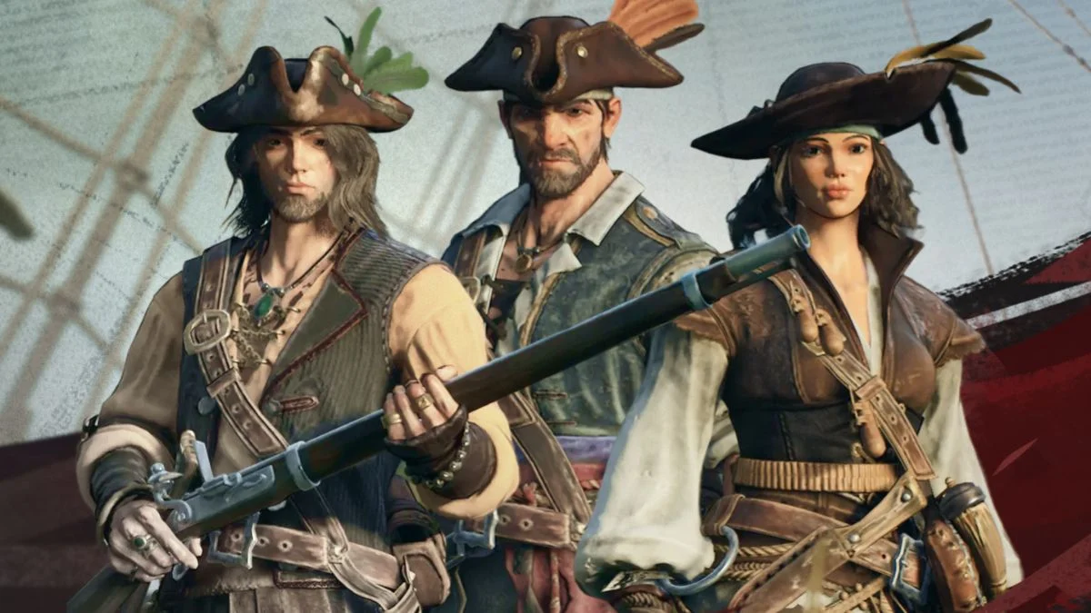 Three pirate characters in Windrose standing together, with the central character holding a long-barreled musket.