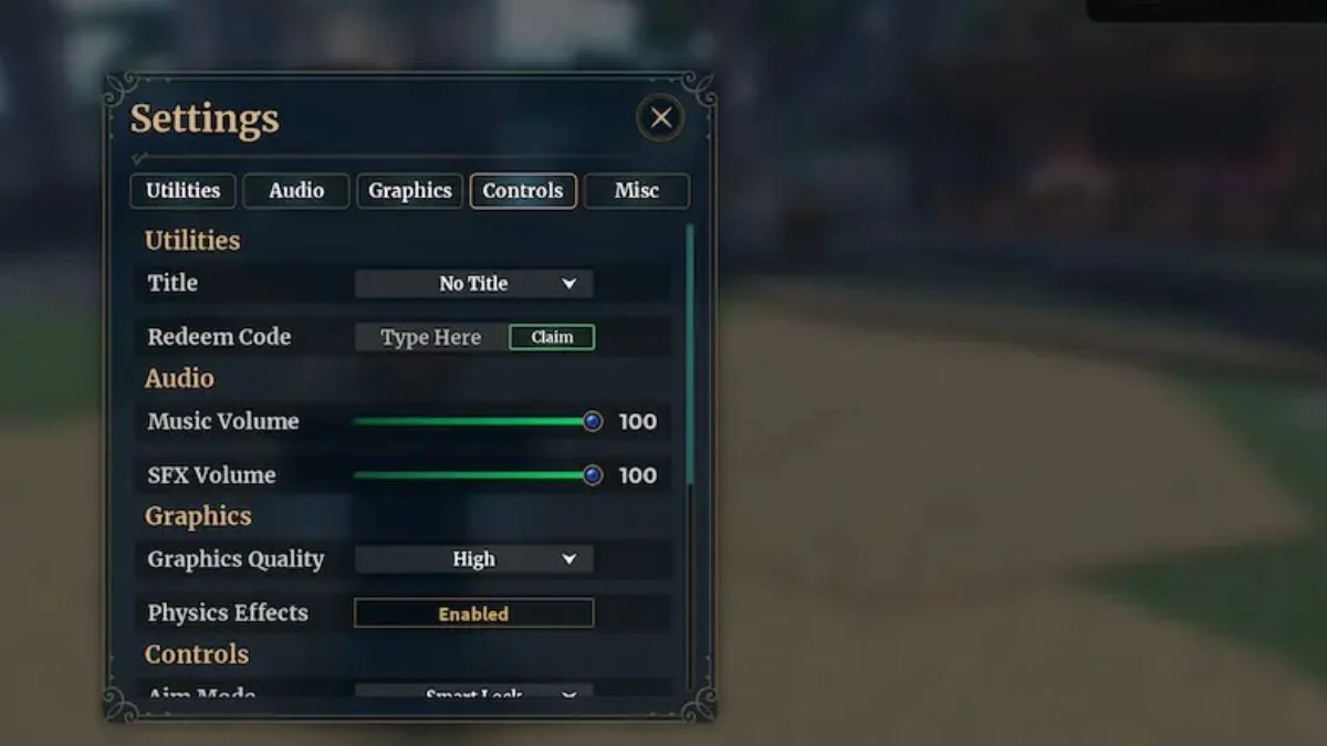 The in-game Settings menu UI in Roblox Wizard Alchemy highlighting the Redeem Code box.