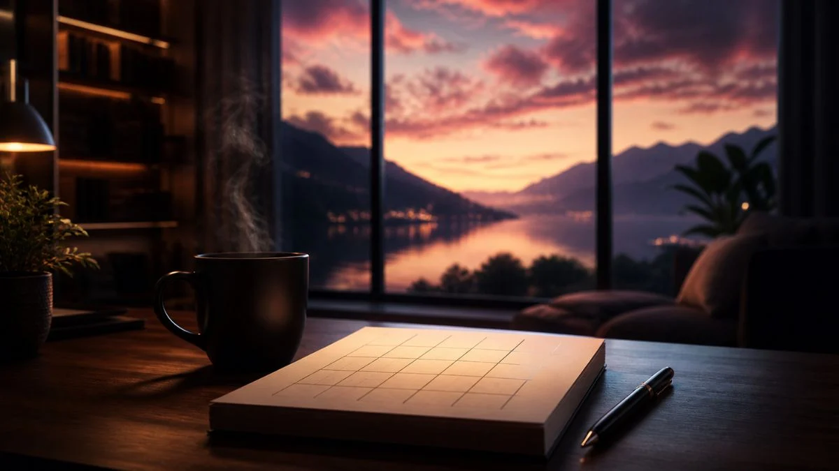 A cozy desk setting with a steaming mug of coffee and a blank grid notebook resembling a Wordle puzzle grid against a sunset mountain backdrop.