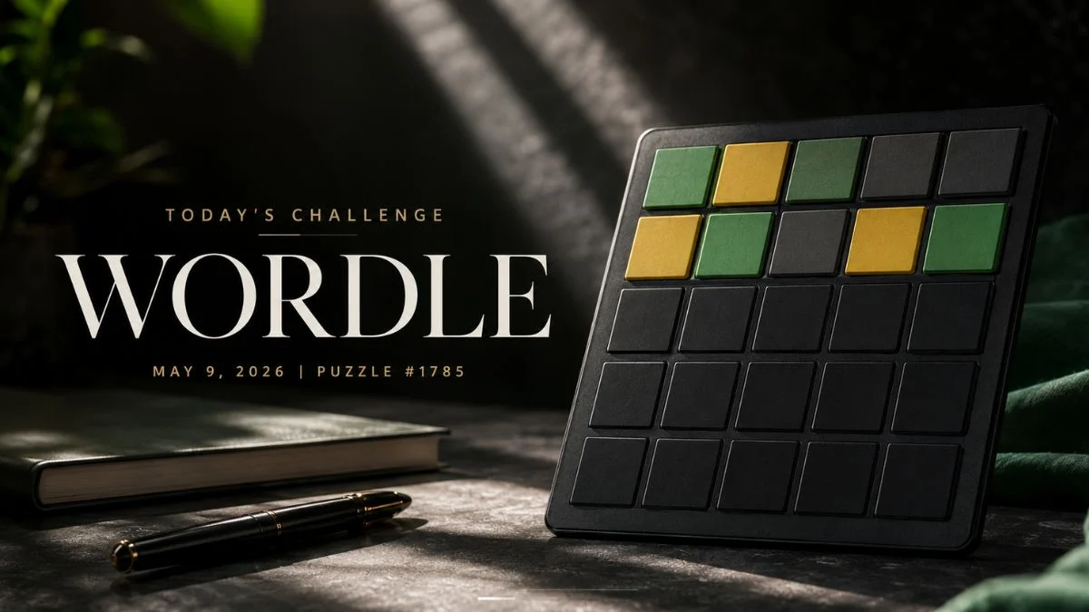 A Wordle puzzle board for May 9, 2026, showing a sequence of green and yellow tiles next to a notebook and pen.
