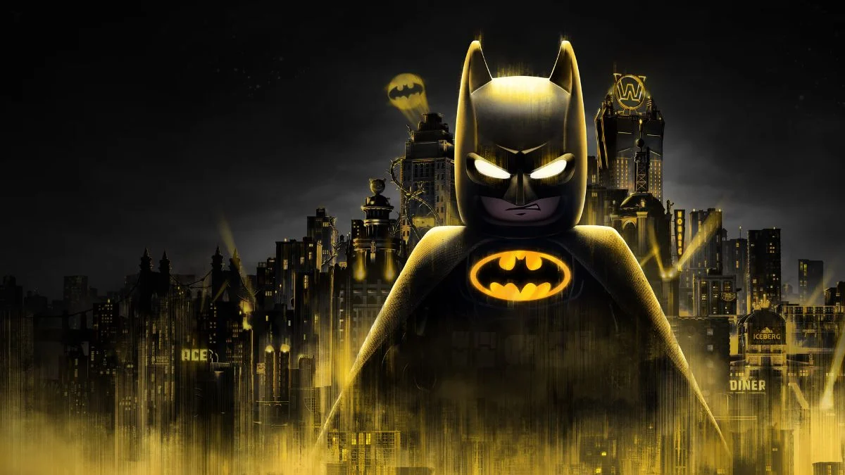 LEGO Batman minifigure looking forward against a dark, glowing yellow Gotham City skyline background.