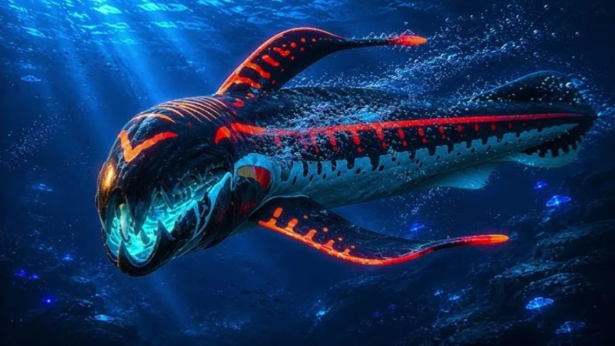 An aggressive Marrowbreach predator with black skin and a pale blue underside swimming in deep water in Subnautica 2.