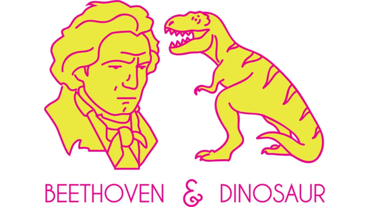 The pink and yellow logo for the indie studio Beethoven & Dinosaur. The logo features a stylized line-art illustration of Ludwig van Beethoven's head on the left and a Tyrannosaurus Rex on the right.